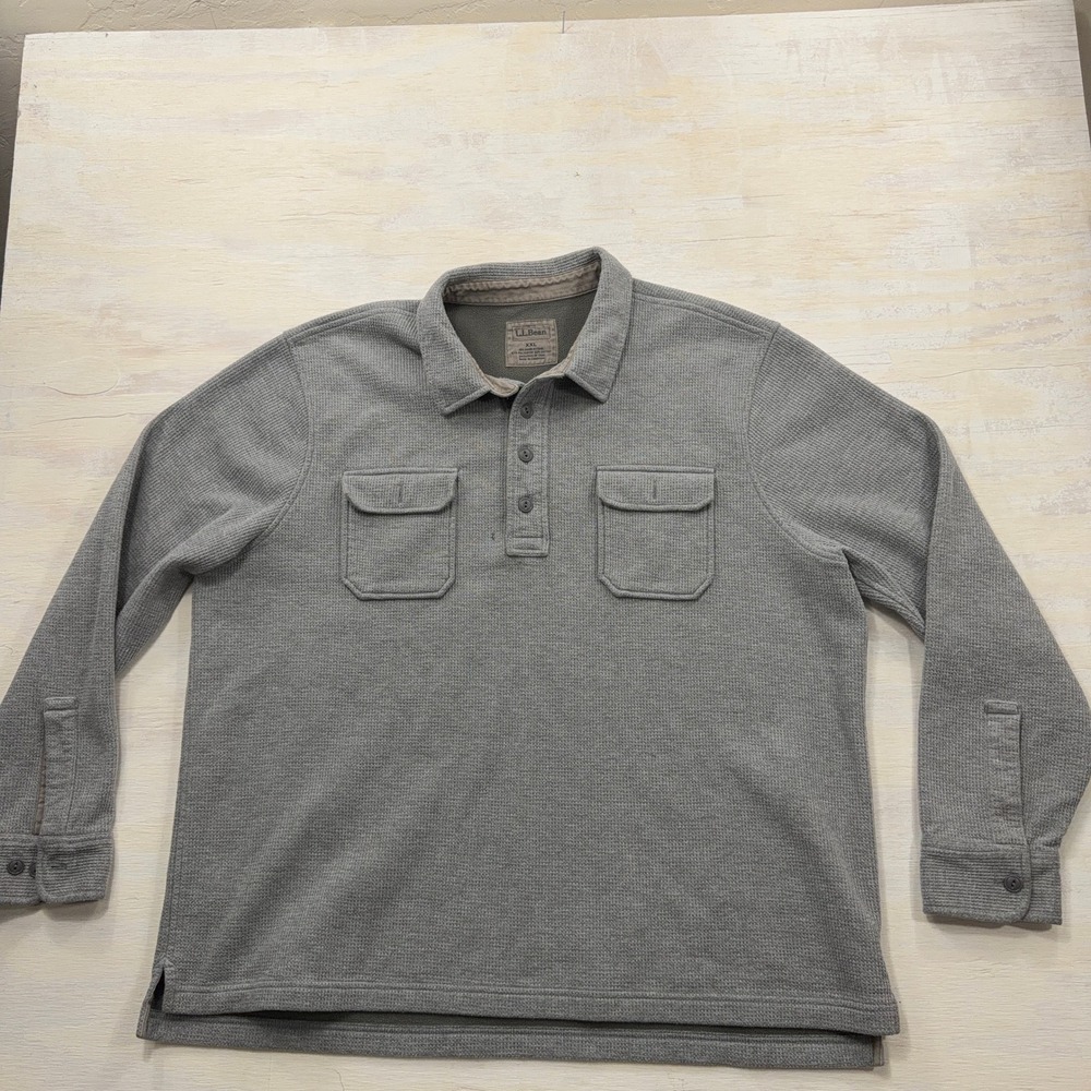 L.L. Bean Shirt Waffle Knit Polo XXL Long Sleeve Two Pocket Gray Mens